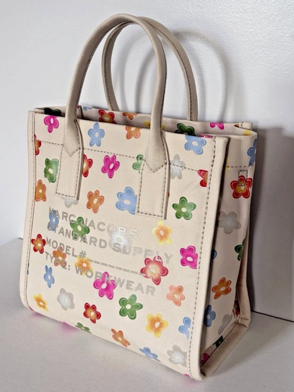 New Marc Jacobs Cotton Canvas Graphic Sticker-Print Medium Tote White Multi